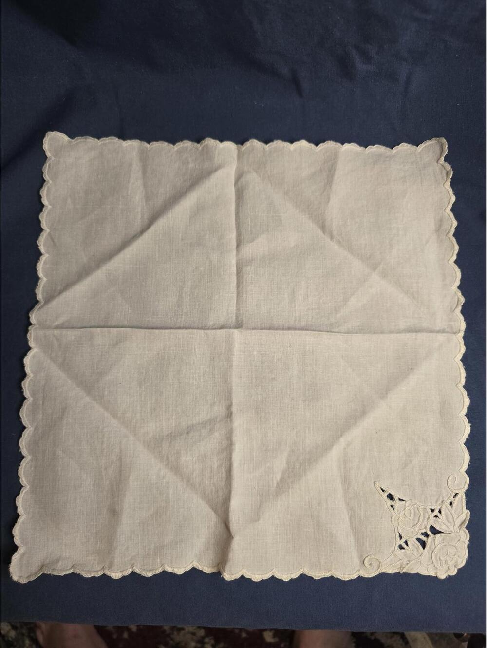 Vintage Set of 9 Embroidered White Linen Napkins with Floral Cutwork